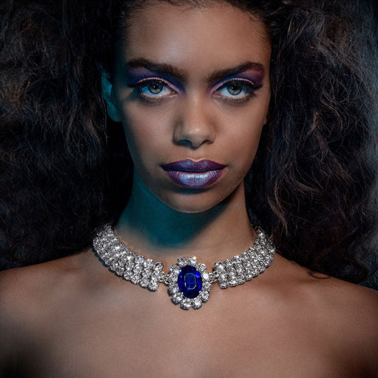 Faux Sapphire Crystal Collar Necklace - Silver One Size /