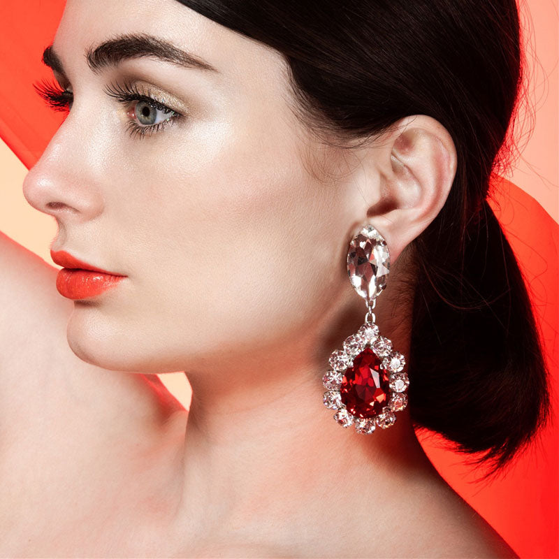 Red Pear Cut Gem Dangle Earrings Silver Plated