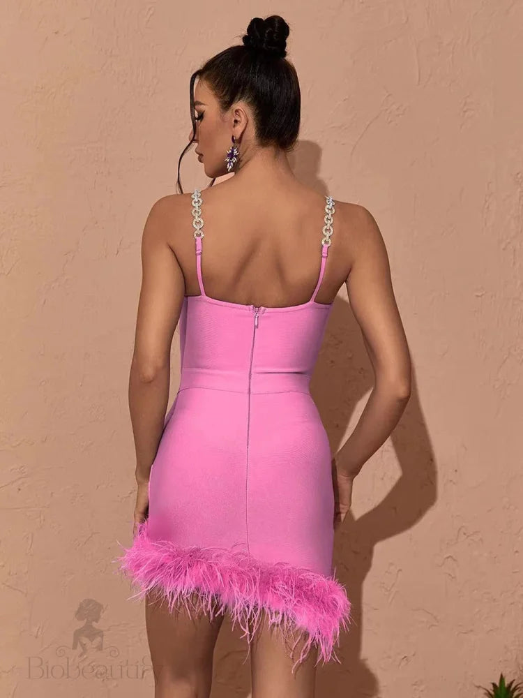 Luxurious Sparkling Rhinestone Feather Trim Bandage Dress