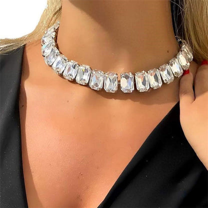 Emerald Cut Crystal Silver Plated Tennis Necklace - White