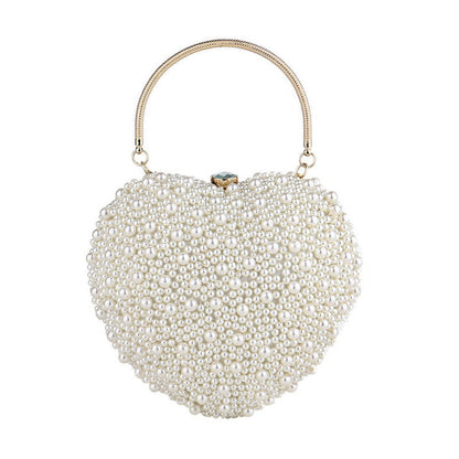 Beige Heart Shaped Clutch Bag With Luxury Metal Handle And Pearl Beads One Size /