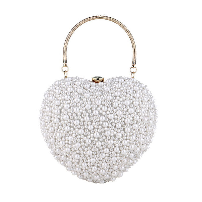 Pearl Beaded Heart Clutch Bag With Luxury Metal Handle - White One Size /