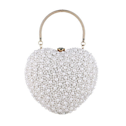 Pearl Beaded Heart Clutch Bag With Luxury Metal Handle - White One Size /