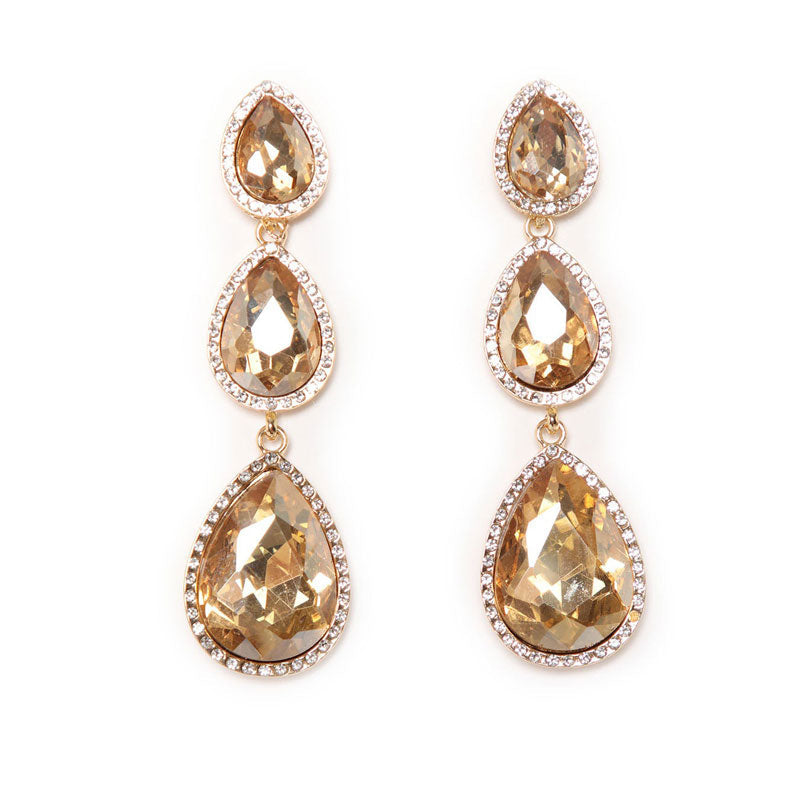 Pear Cut Crystal Triple Drop Earrings - Yellow One Size /