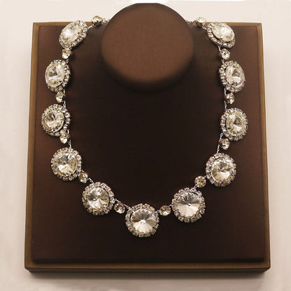 Luxury Gemstone Crystal Round Cut Collar Necklace - Silver