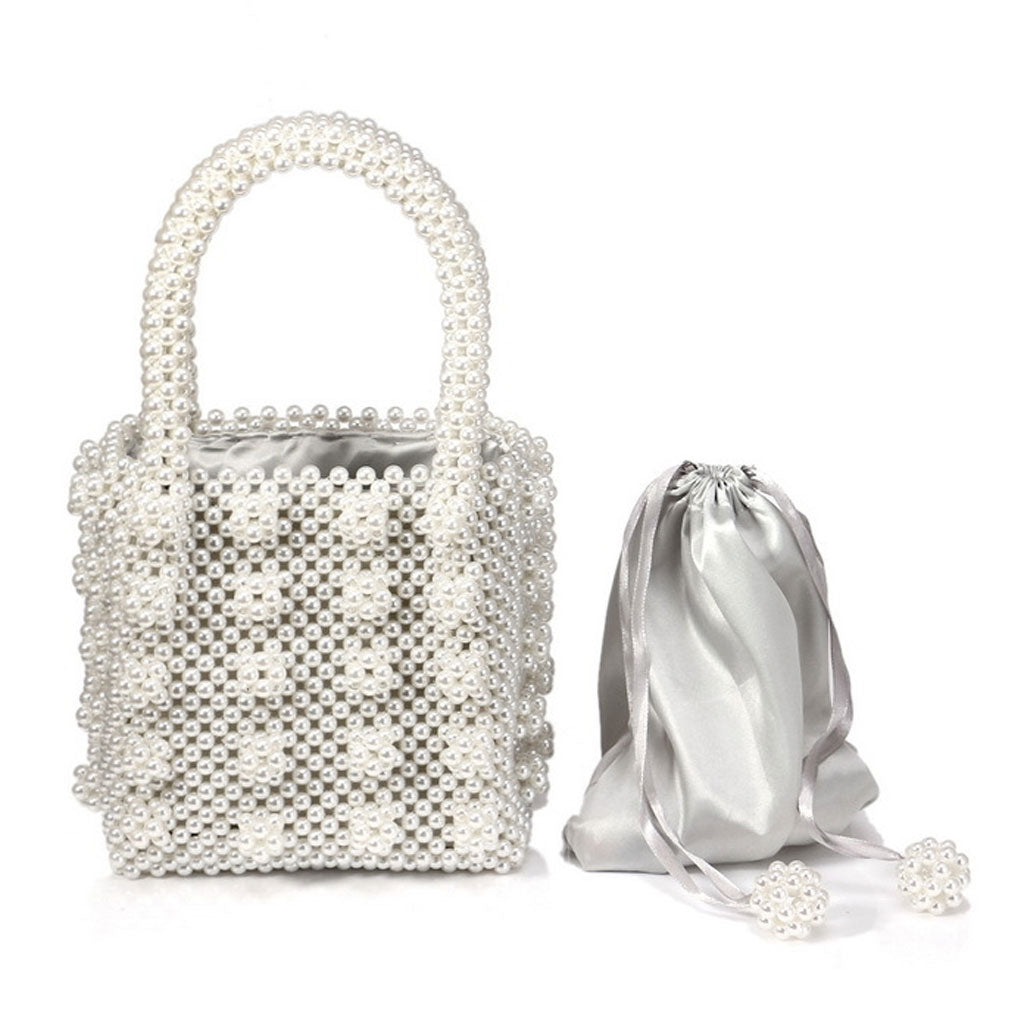 Luxury Square Top Handle Pearl Bucket Bag - White