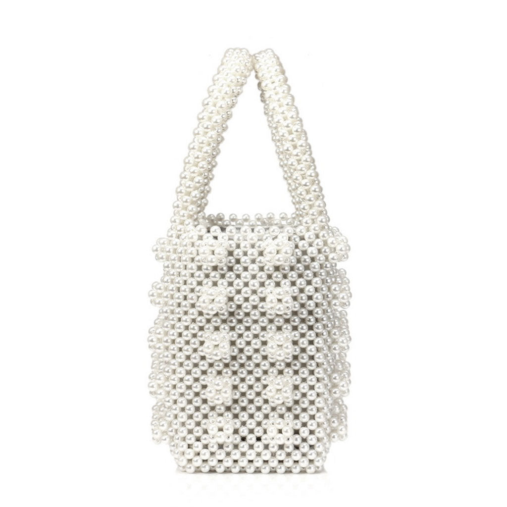 Luxury Square Top Handle Pearl Bucket Bag - White