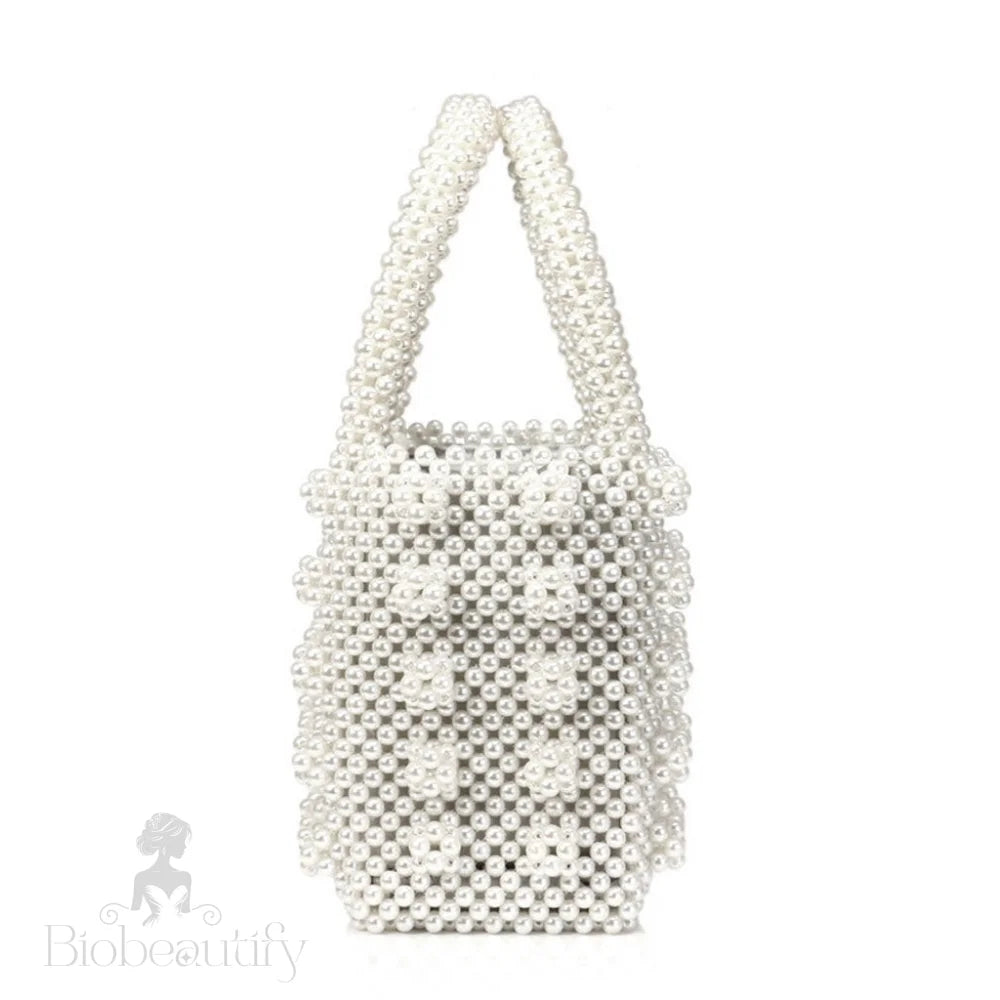 Luxury Square Top Handle Pearl Bucket Bag - White