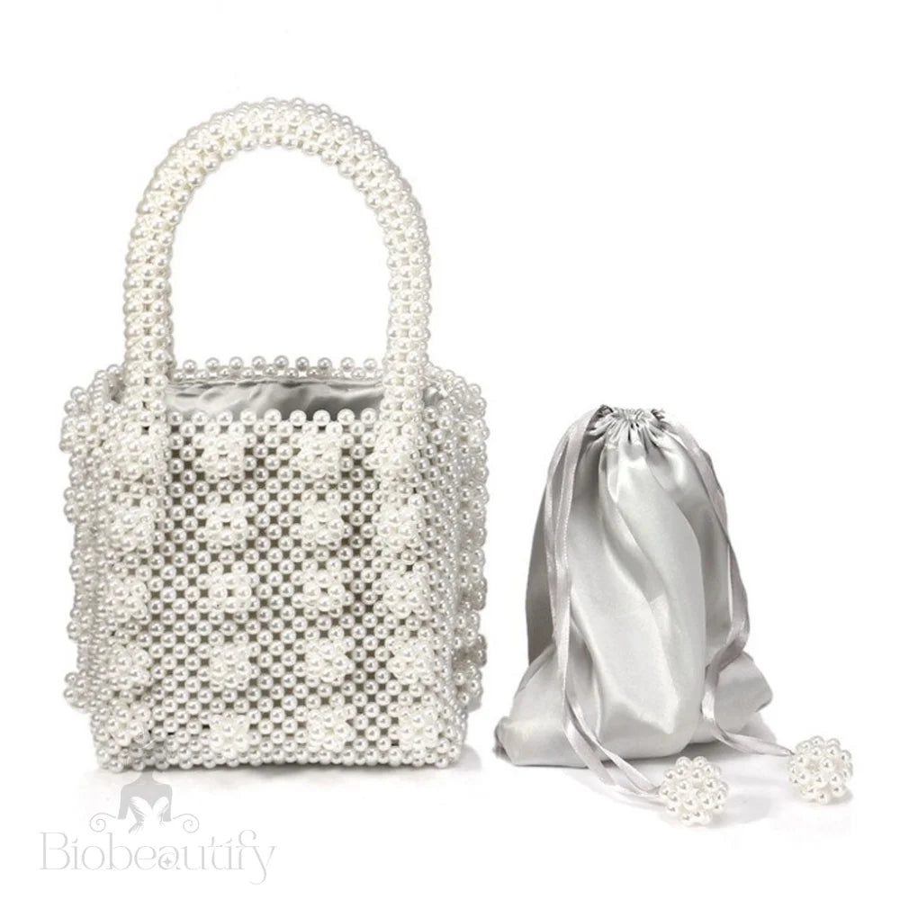 Luxury Square Top Handle Pearl Bucket Bag - White