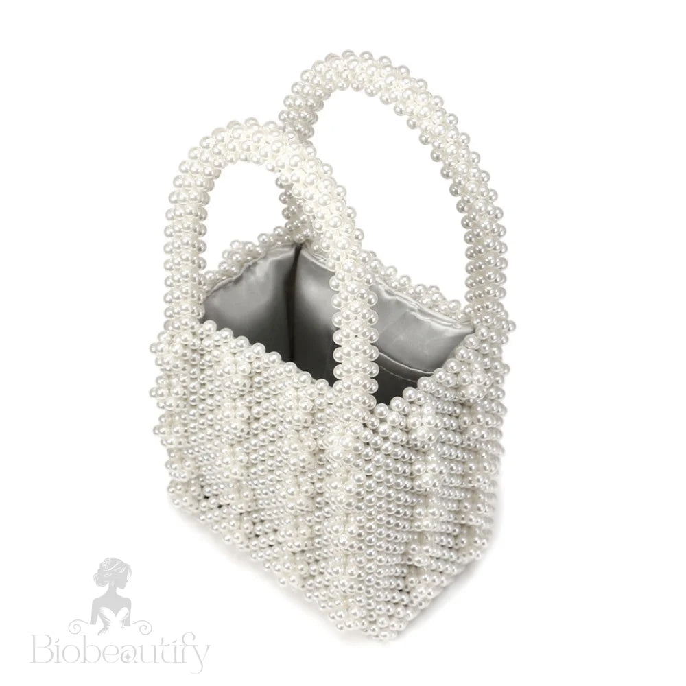 Luxury Square Top Handle Pearl Bucket Bag - White