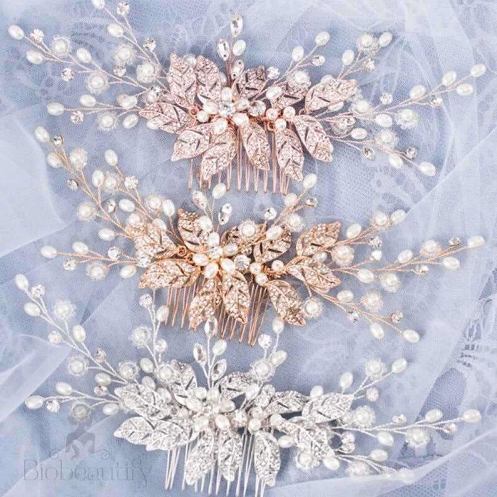 Lynn Pearl And Crystal Bridal Hair Comb In Rose Gold Silver Yellow