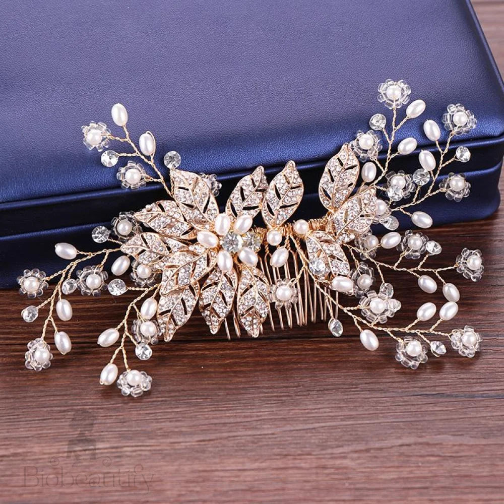 Lynn Pearl And Crystal Bridal Hair Comb In Rose Gold Silver Yellow