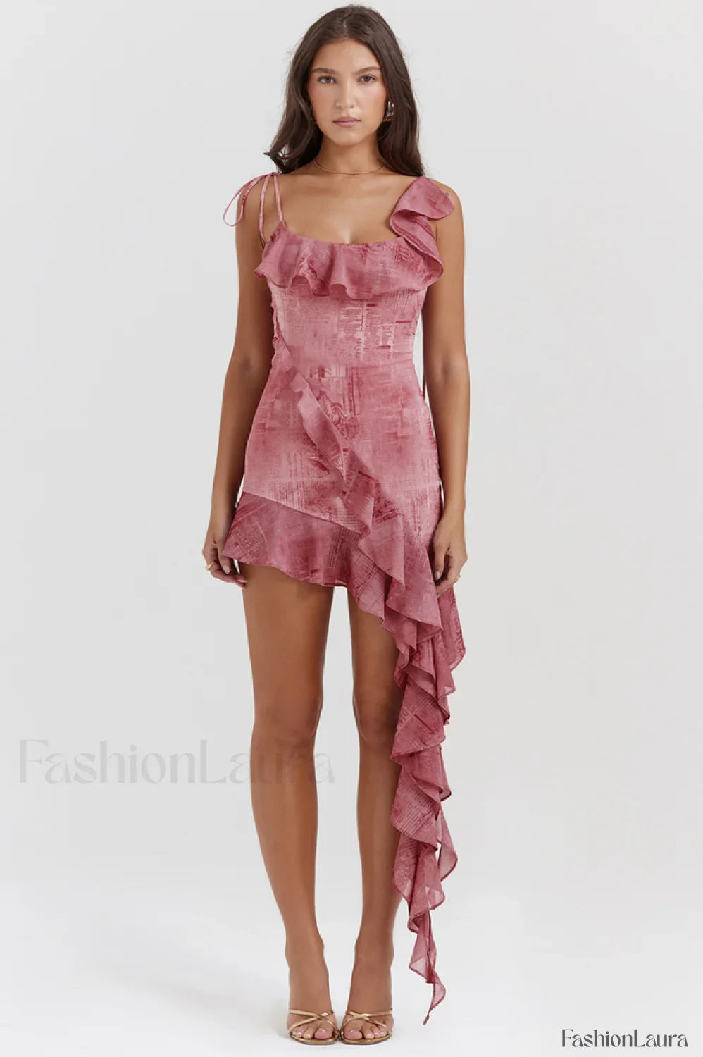 Lyrah Pink Printed Charming Ruffle Mini Dress