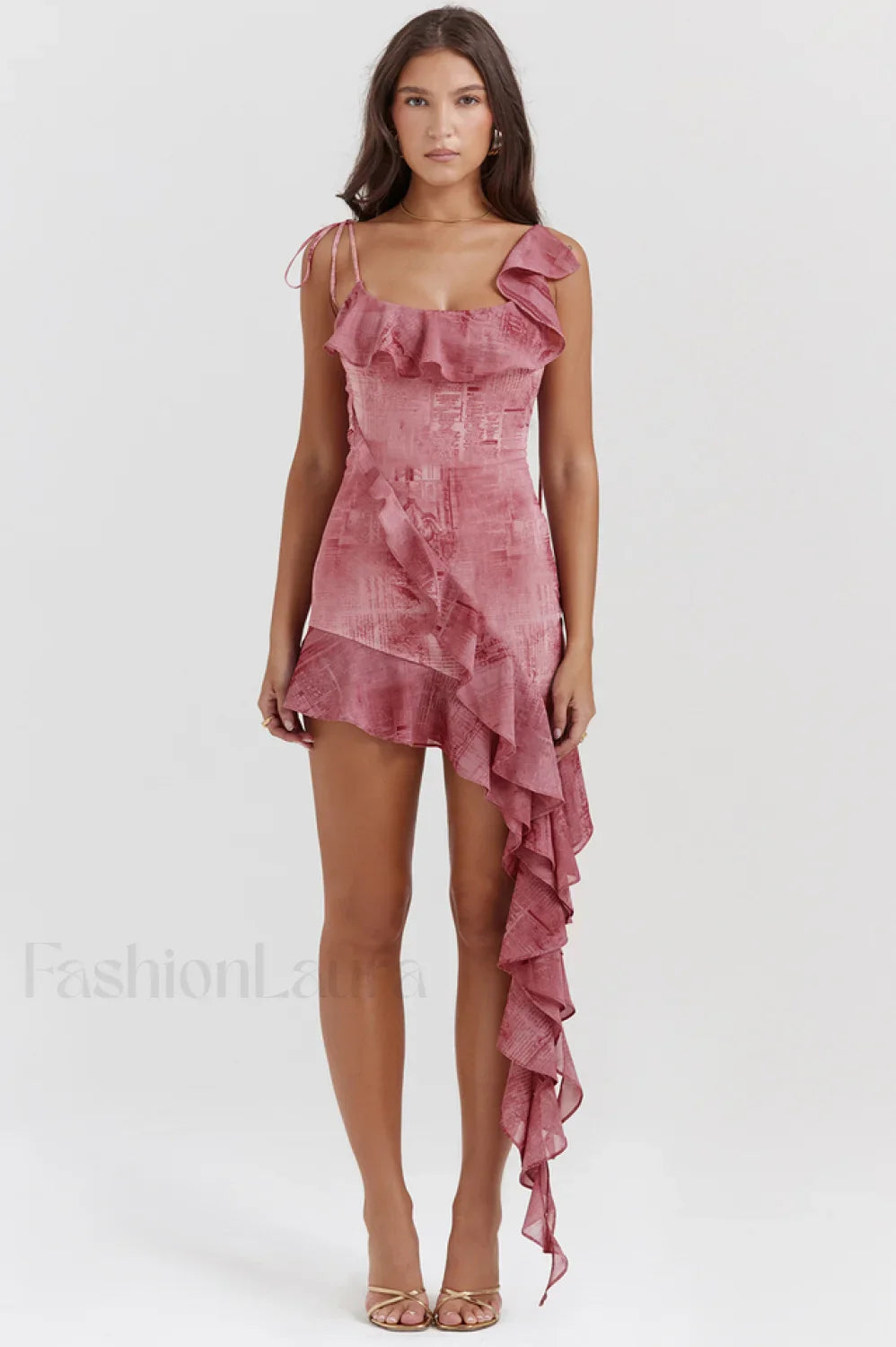 Lyrah Pink Printed Charming Ruffle Mini Dress