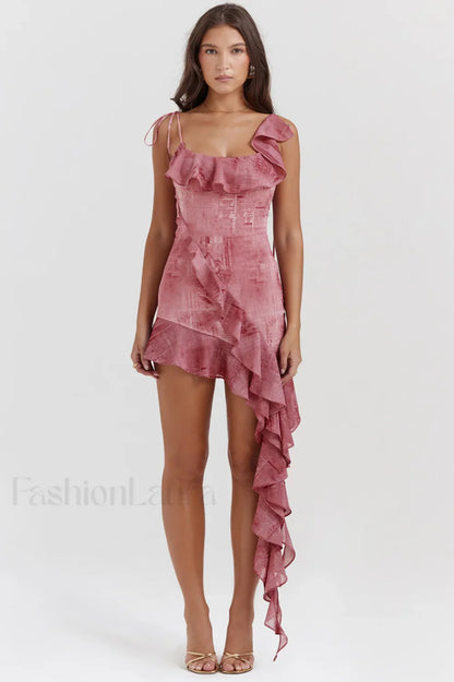 Lyrah Pink Printed Charming Ruffle Mini Dress