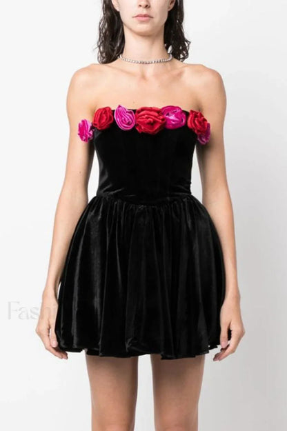 Macrouli Floral Velvet Charming Off Shoulder Mini Dress