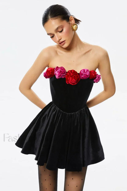 Macrouli Floral Velvet Charming Off Shoulder Mini Dress