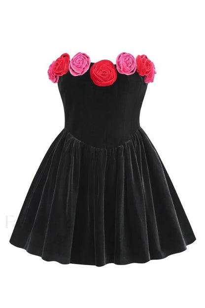 Macrouli Floral Velvet Charming Off Shoulder Mini Dress XS / Black
