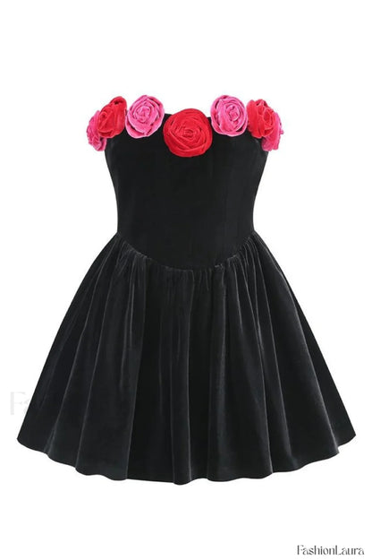Macrouli Floral Velvet Charming Off Shoulder Mini Dress XS / Black