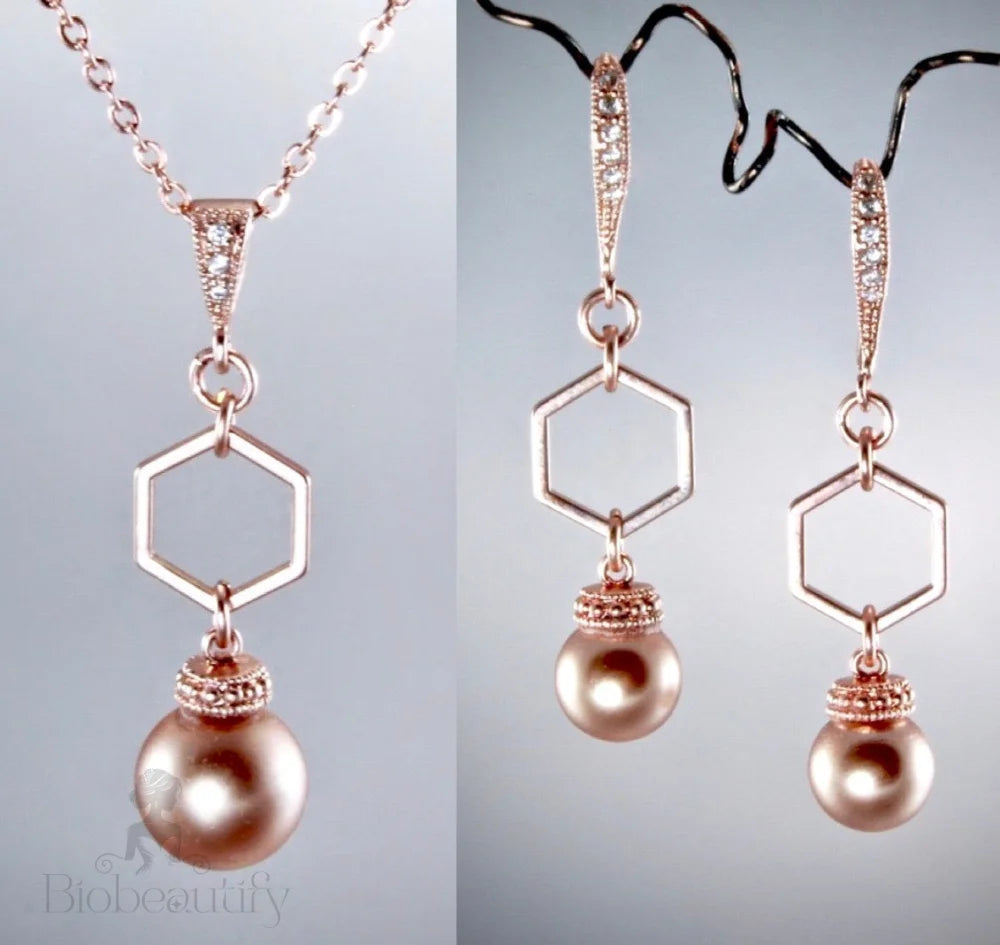 Madeline Rose Gold Pearl Geometric Bridal Jewelry Set