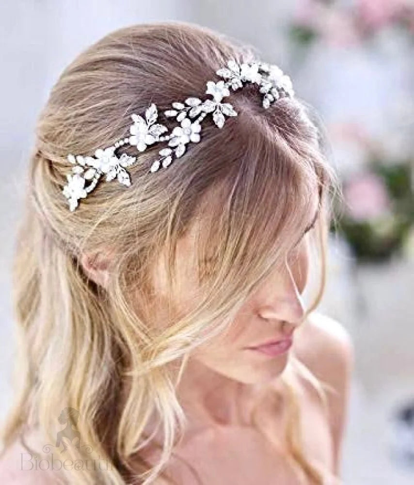 Madelyn Silver Opal Pearl Bridal Headband Vine