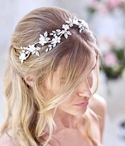 Madelyn Silver Opal Pearl Bridal Headband Vine