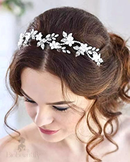 Madelyn Silver Opal Pearl Bridal Headband Vine