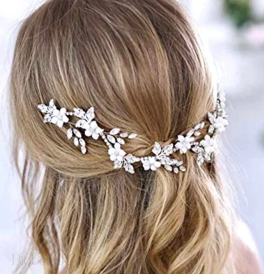 Madelyn Silver Opal Pearl Bridal Headband Vine