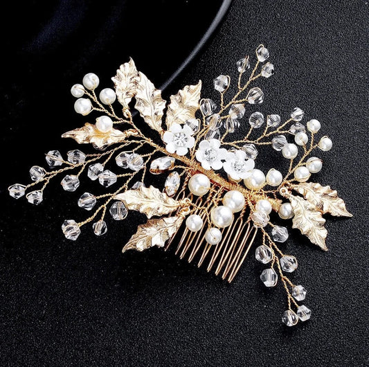 Magda Gold Pearl Crystal Bridal Hair Comb