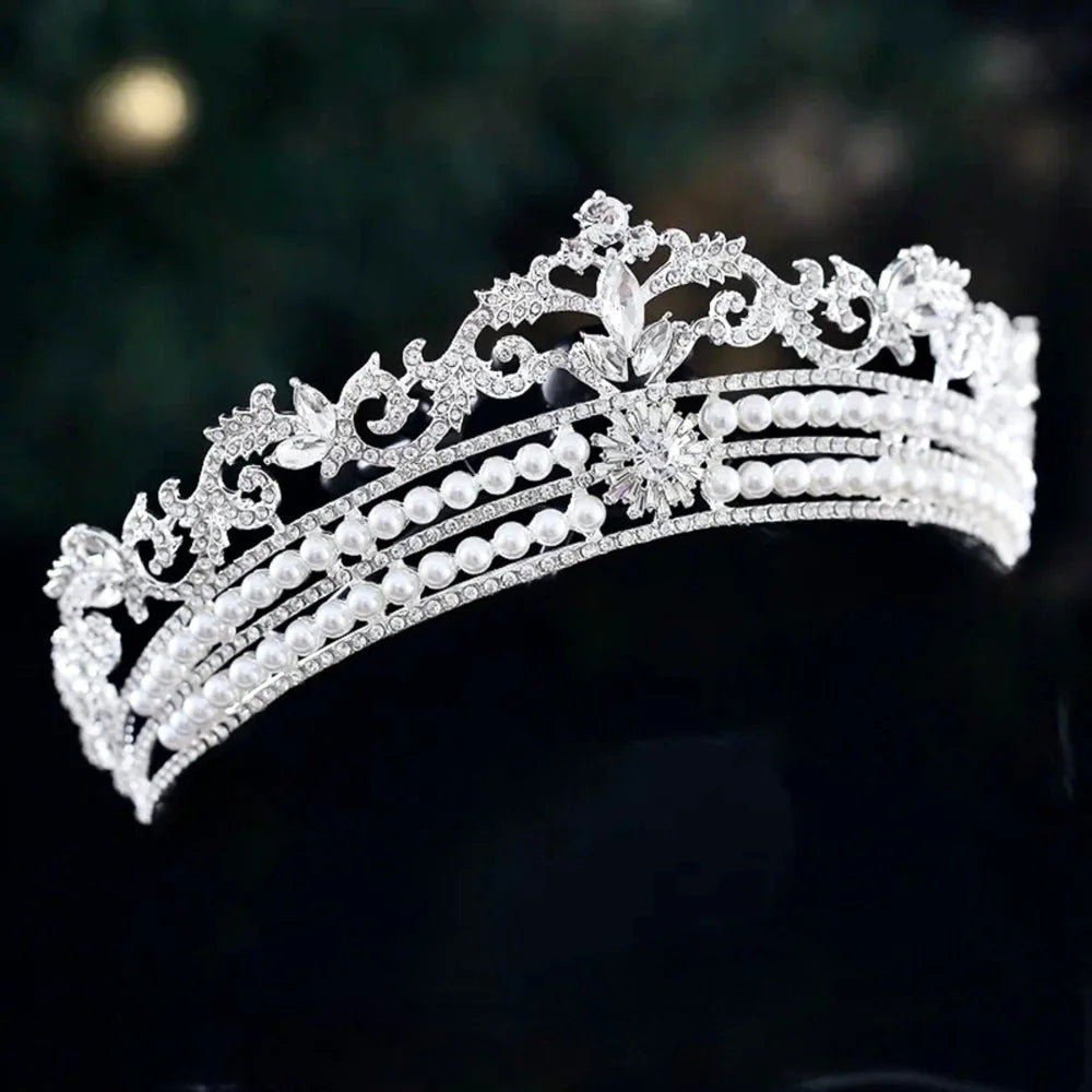 Malina Pearl Crystal Bridal Tiara Silver Gold Options