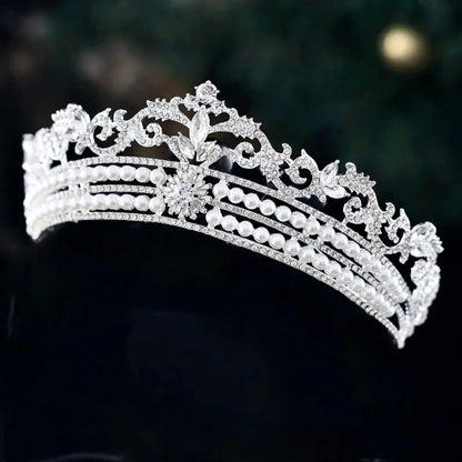 Malina Pearl Crystal Bridal Tiara Silver Gold Options