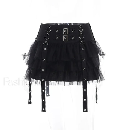 Mall Goth Black Pleated Mini Skirt with Chain for Women Black / S