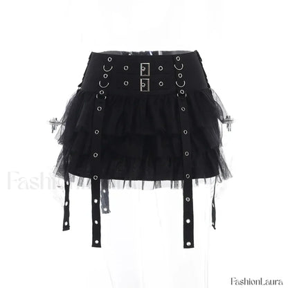 Mall Goth Black Pleated Mini Skirt with Chain for Women Black / S