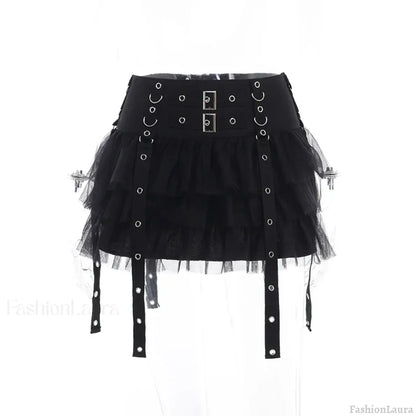 Mall Goth Black Pleated Mini with Chain Women’s High Waisted Tennis Fairy Grunge Aesthetic E Girl Skirt Black / S