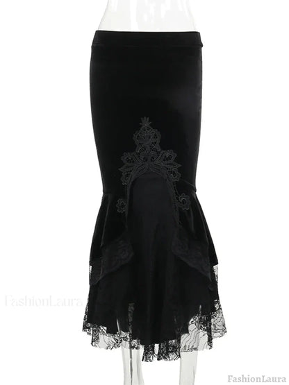 Mall Goth High Waist Ruffle Fishtail Half Women Slim Fold Elastic Wrapped Hip Sweet Skirt Black / S