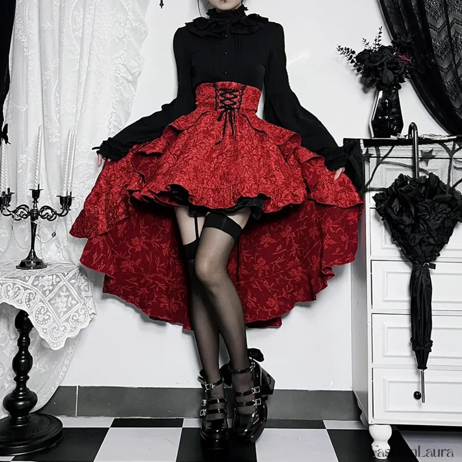 Mall Goth High Waist Swallowtail Women’s SteamVintage Lace Up Asymmetrical High Low