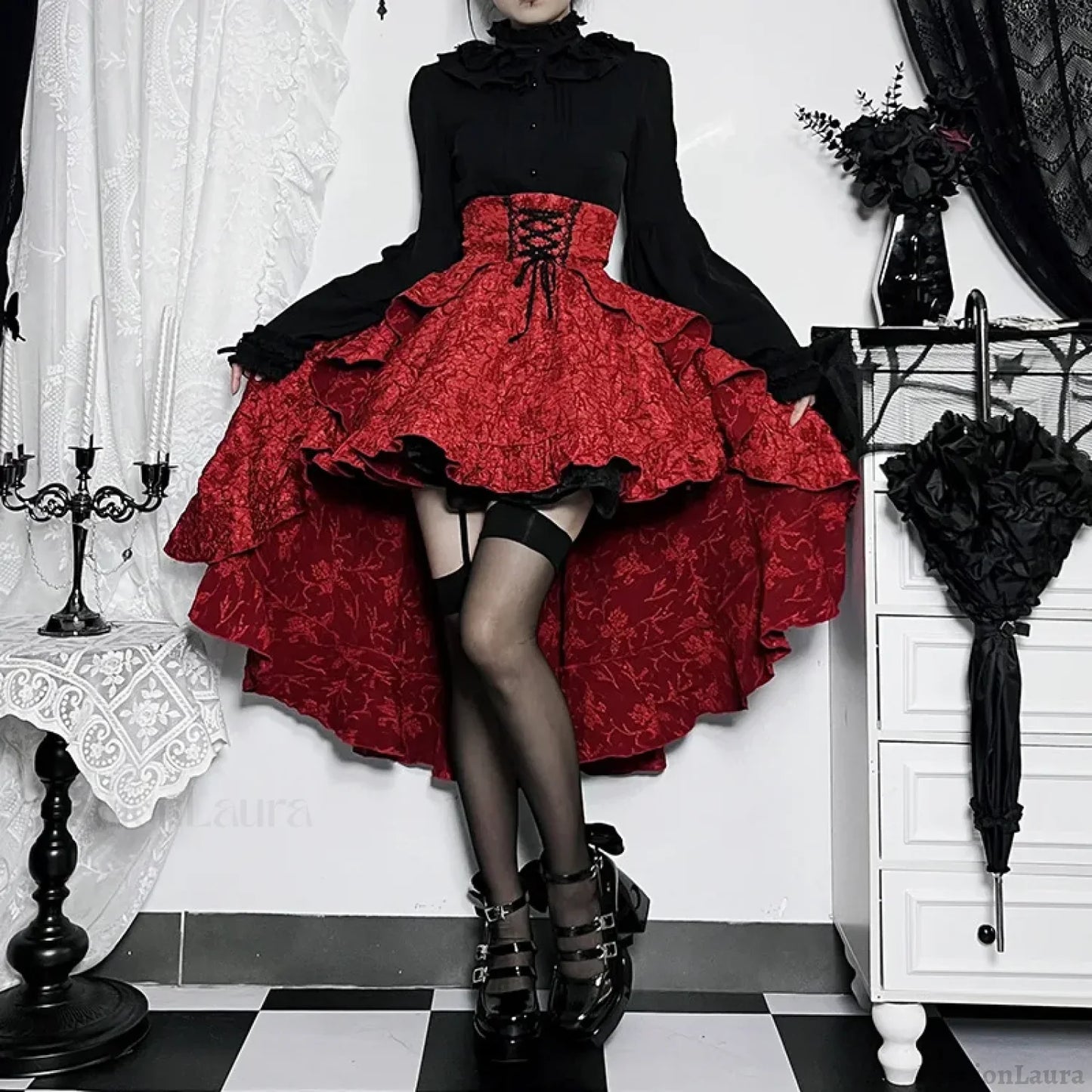 Mall Goth High Waist Swallowtail Women’s SteamVintage Lace Up Asymmetrical High Low Skirt