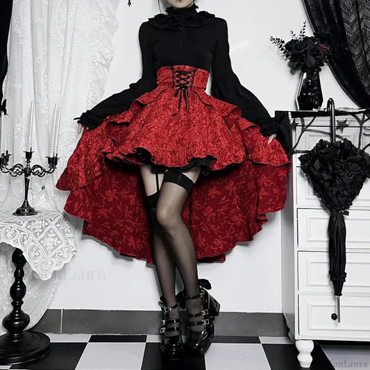 Mall Goth High Waist Swallowtail Women’s SteamVintage Lace Up Asymmetrical High Low Skirt