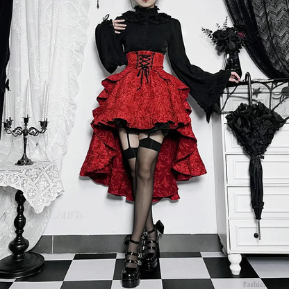Mall Goth High Waist Swallowtail Women’s SteamVintage Lace Up Asymmetrical High Low Skirt