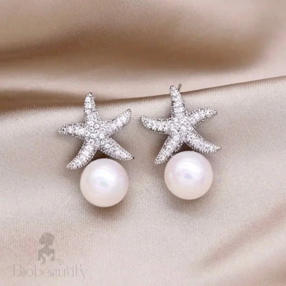 Marbella Pearl Crystal Sea Star Bridal Earrings With Pearls - Silver