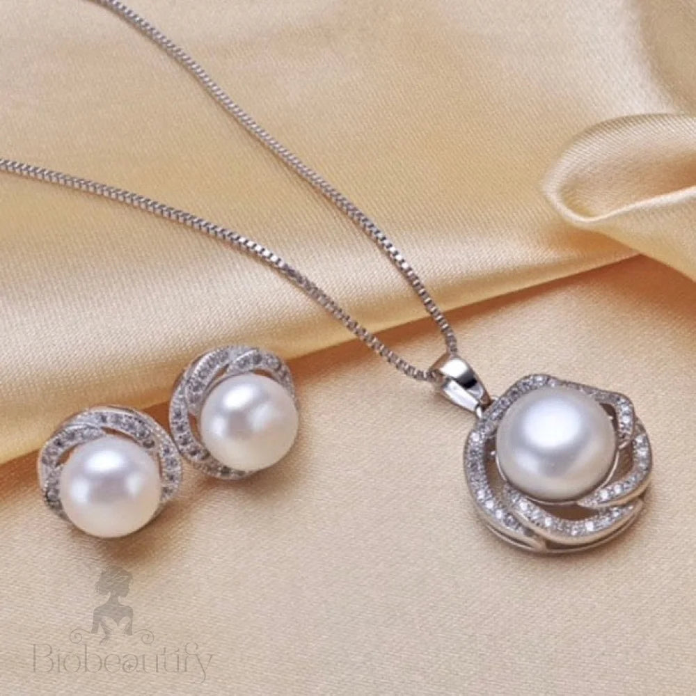 Marcella Sterling Silver Bridal Jewelry Set With Natural Pearl And Cubic Zirconia