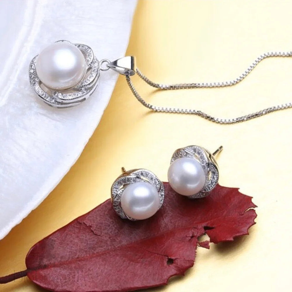 Marcella Sterling Silver Bridal Jewelry Set With Natural Pearl And Cubic Zirconia