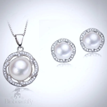 Marcella Sterling Silver Bridal Jewelry Set With Natural Pearl And Cubic Zirconia