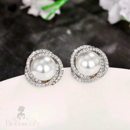 Margaux Pearl And Cubic Zirconia Wedding Earrings In Silver Gold