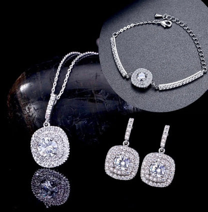 Wedding Jewelry - Silver Cubic Zirconia Bridal Three-Piece Jewelry Set