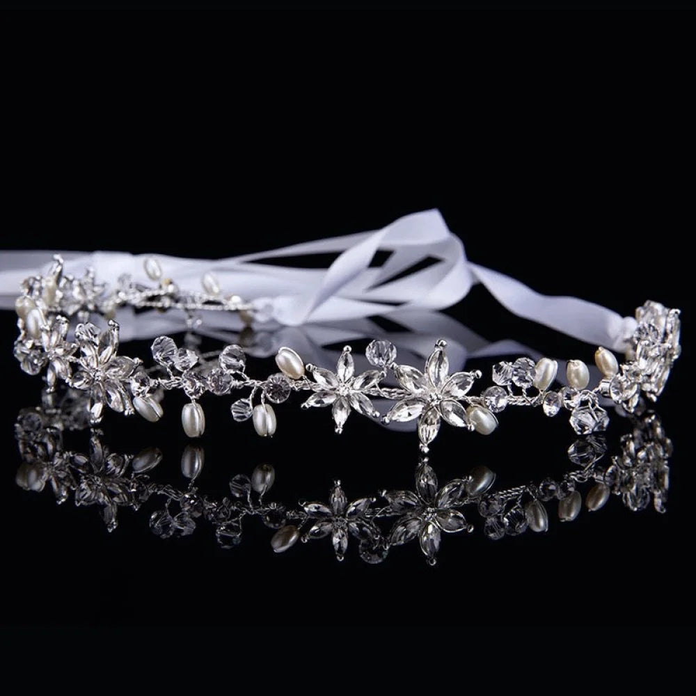 Marianne Crystal Pearl Bridal Headband Gold Silver Options