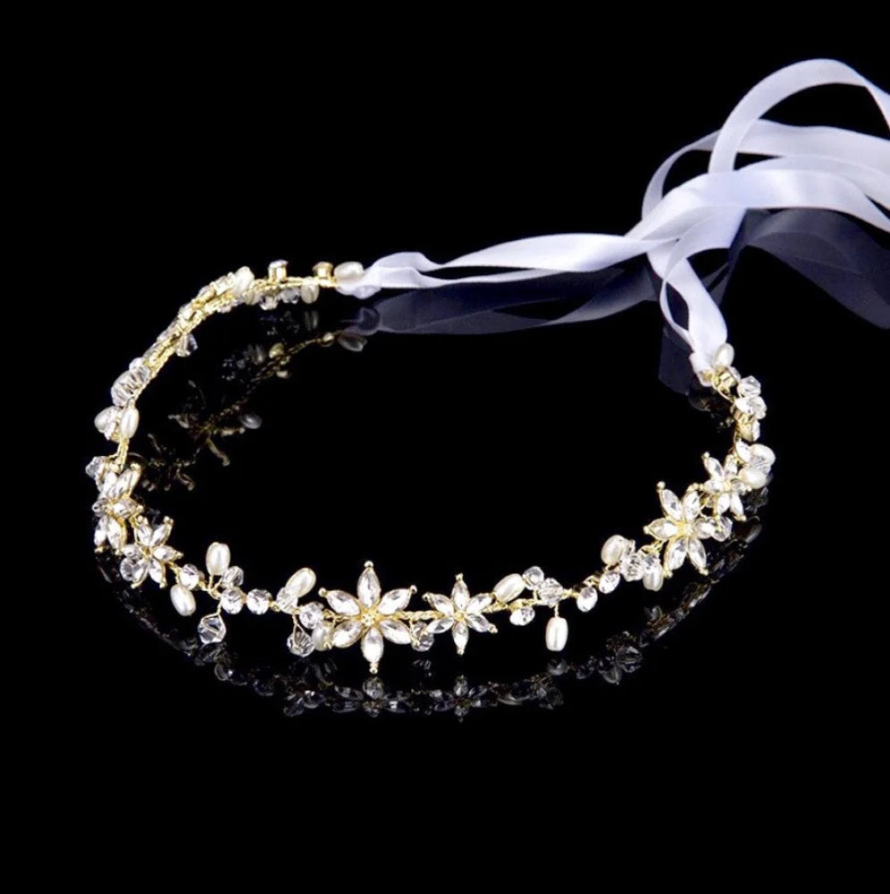 Marianne Crystal Pearl Bridal Headband Gold Silver Options