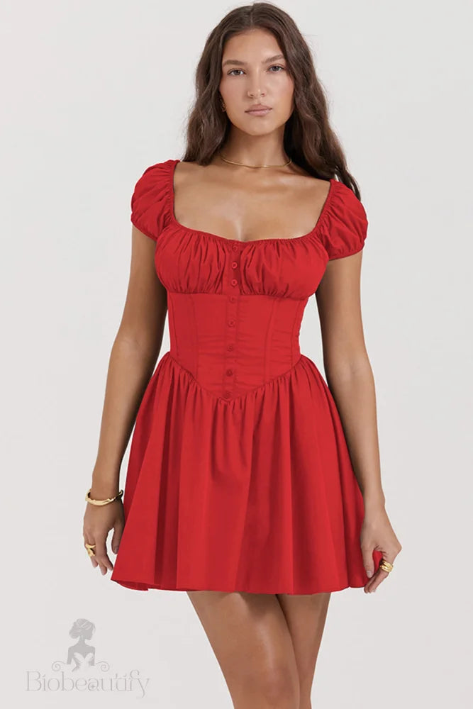 Maribel Puff Sleeve Square Neck Babydoll Mini Dress Red / L