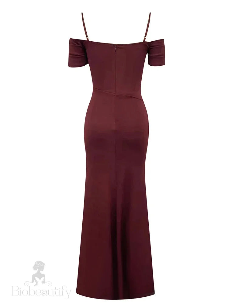 Maricia Burgundy Off Shoulder Mesh Patchwork Gown