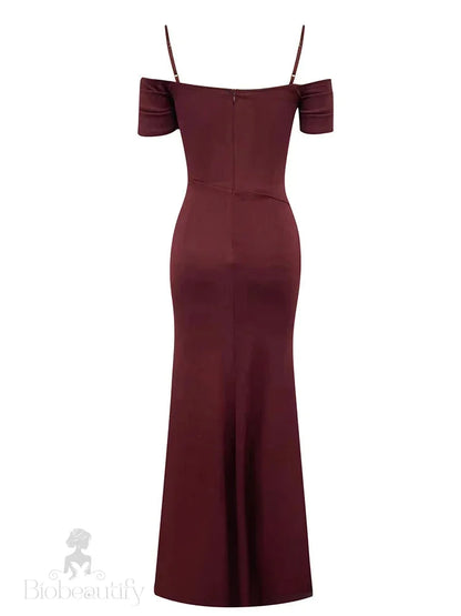 Maricia Burgundy Off Shoulder Mesh Patchwork Gown